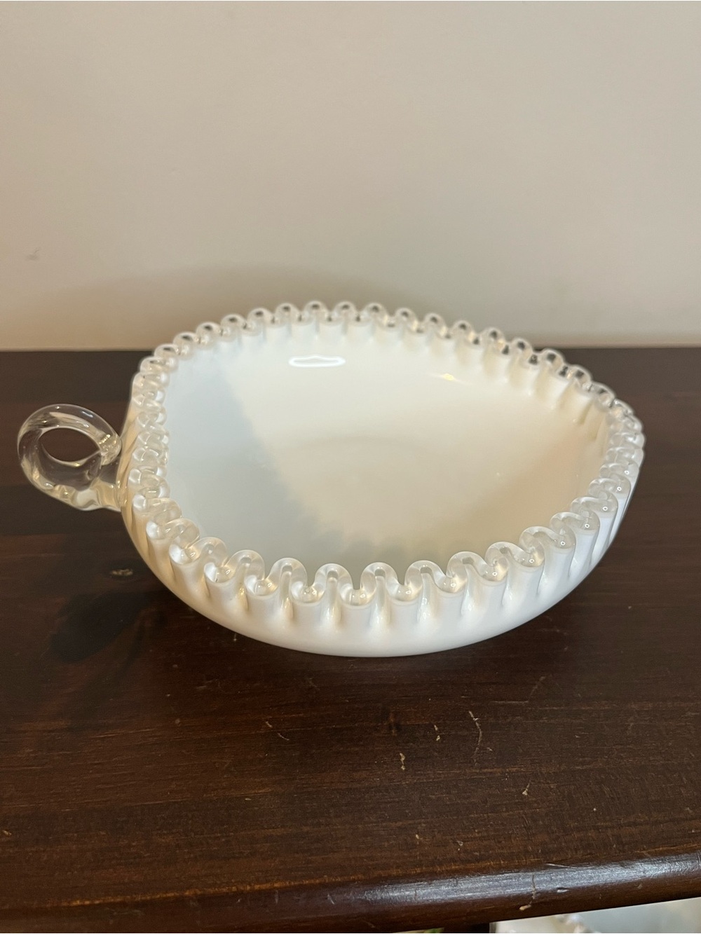 Vintage Fenton Silver Crest milk glass ruffled heart shaped dish handmade 8"